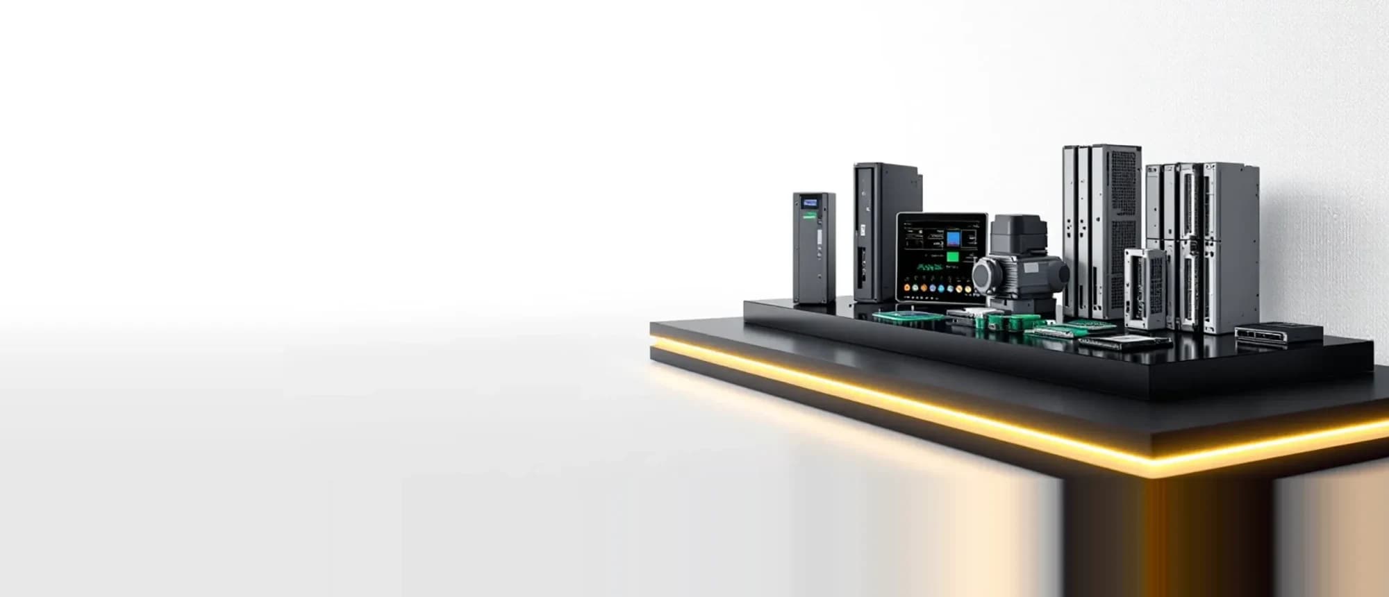 ELKAR ürün vitrini — PLC, HMI panel, servo motor, inverter ve elektronik kart